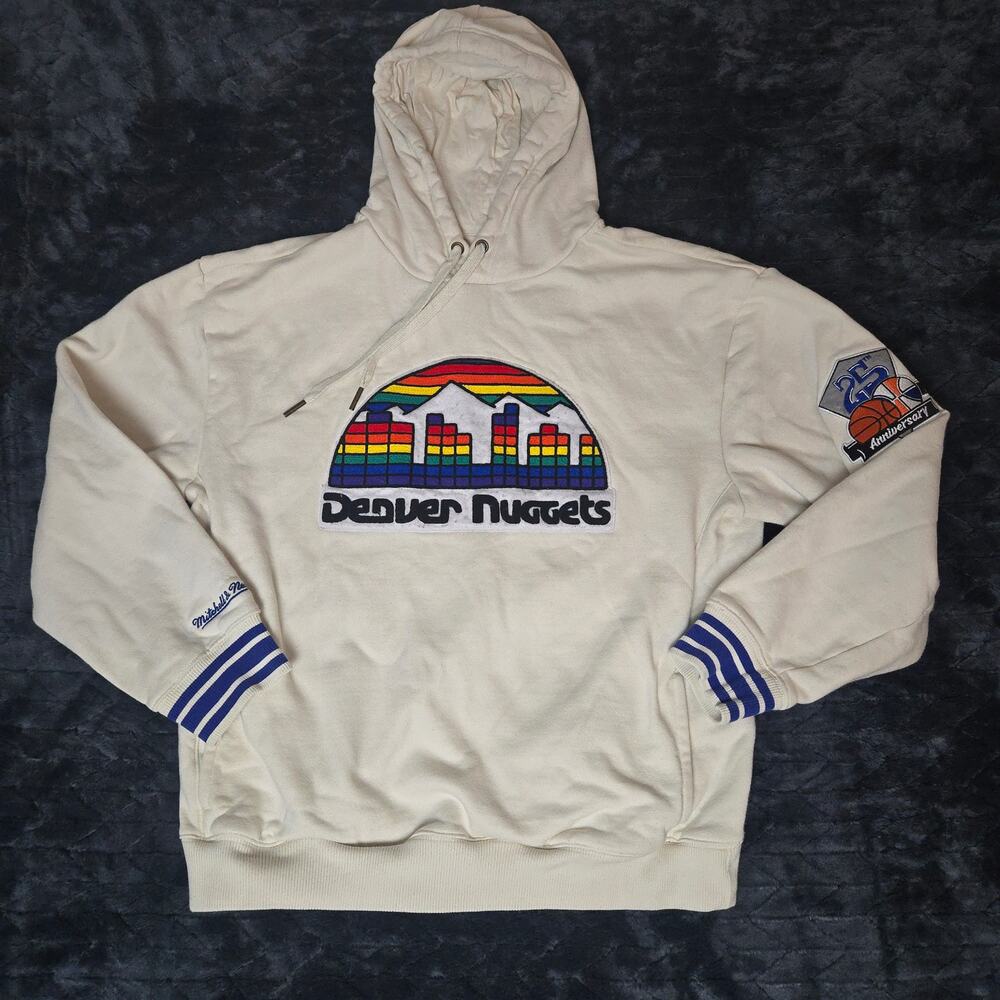VTG Denver Nuggets Mitchell & Ness Cream Chainstitch Felt Pullover Hoodie - Sz M